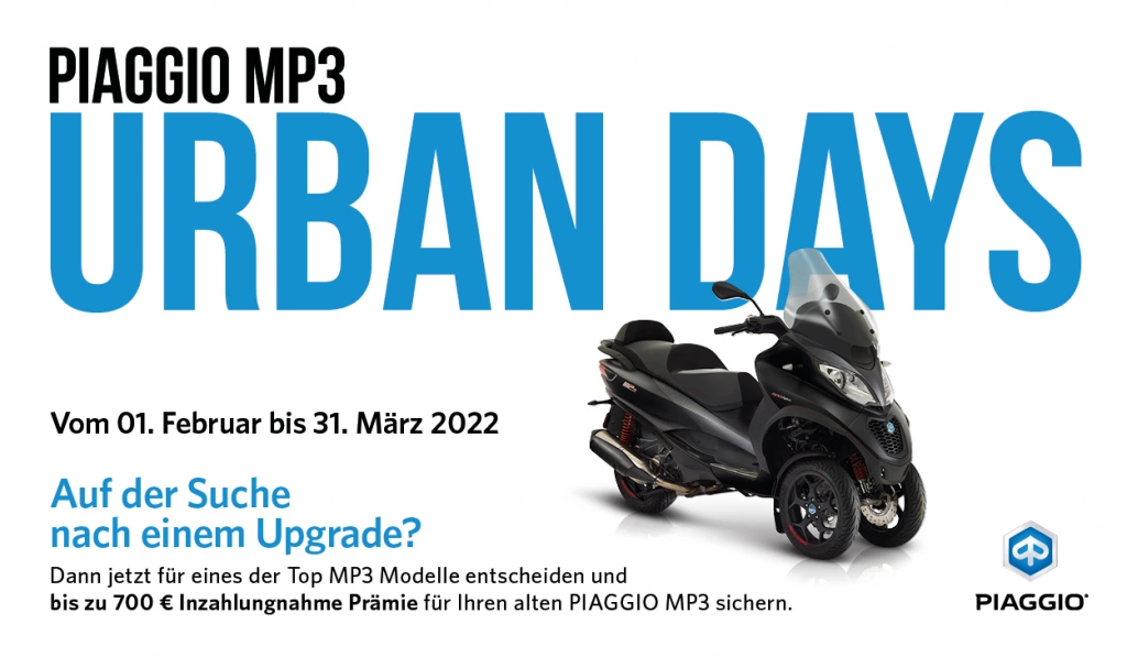Piaggio MP3 Urban Days 2022 - jetzt vom 01.02. bis 31.03.22 Angebot sichern