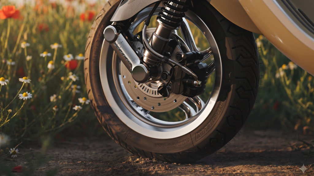 Vespa Primavera 50 Beige Avvolgente live Detail Vorderrad